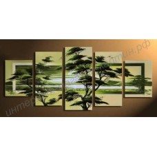 Модульная картина из 5 секции: весенний лес среди зеленого поля, выполненная маслом на холсте